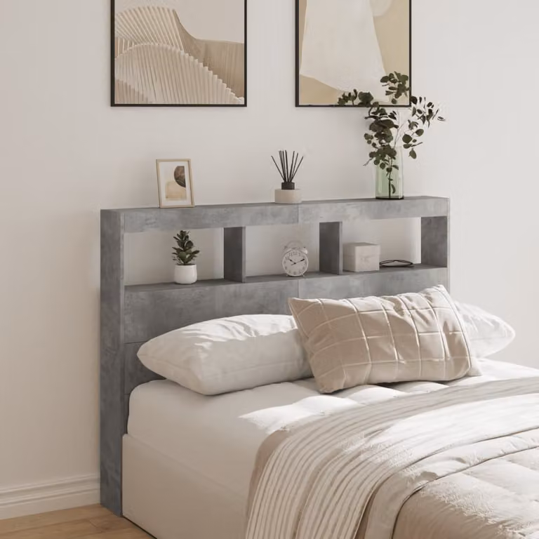 Testiera con contenitore vidaXL in grigio cemento con illuminazione LED, ripiano integrato e porta di ricarica USB, L/P/H: 140 x 17 x 102 cm