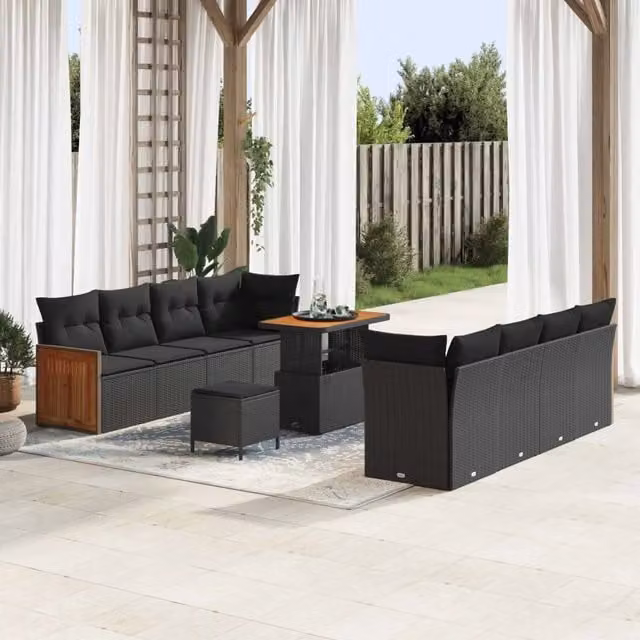 Set Divano da Giardino vidaXL a 11 Pezzi Nero con Cuscini e Tavolino da Esterno a Forma di U – 1