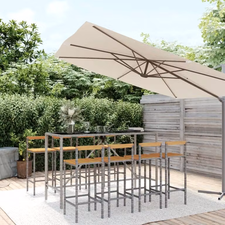 The Living Store 9 pezzi. Set bar da giardino in poly rattan grigio e legno massiccio di acacia