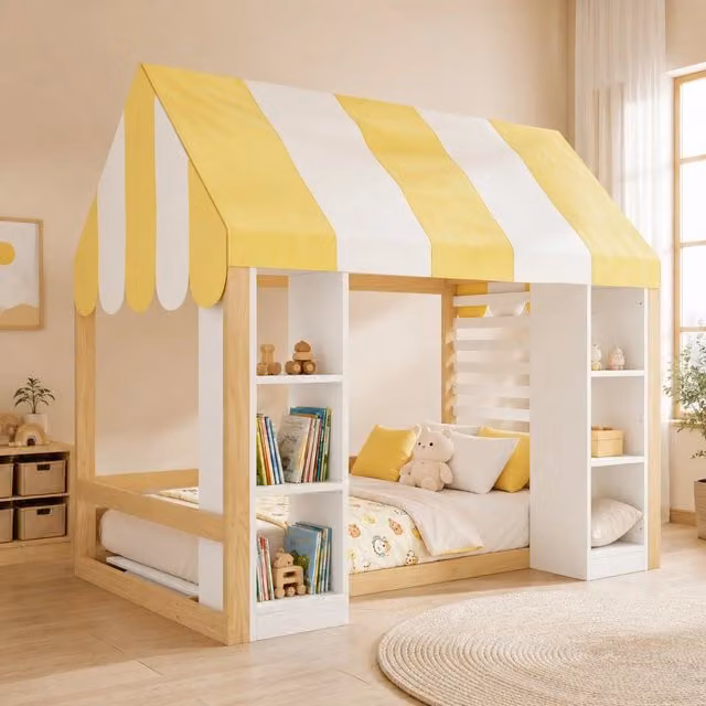 Letto per bambini in stile cottage 90x200 cm con baldacchino e vano contenitore; bianco e naturale