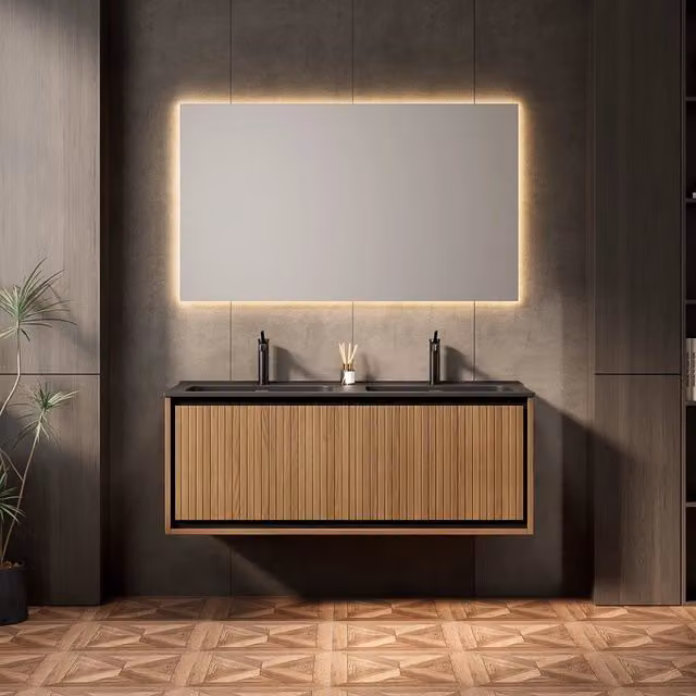 Mobile lavabo da parete 121 cm con 2 lavabi rettangolari in resina nera, armadio verticale a doghe con 2 cassetti, preassemblato, colore rovere marrone