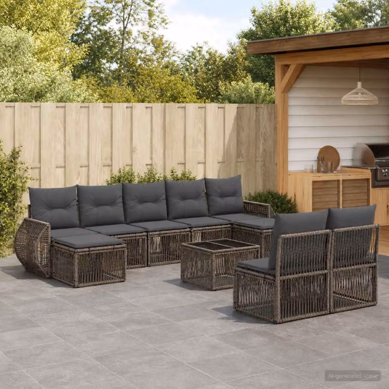 Set Divano da Giardino vidaXL 10 Pezzi a Forma di U in Polyrattan Grigio e Antracite con Cuscini e Tavolino