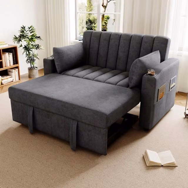 Divano letto FOLYNA a 2 posti con schienale regolabile e portabicchieri, rivestimento in tessuto grigio, L: 136 cm, P: 162 cm, H: 84 cm