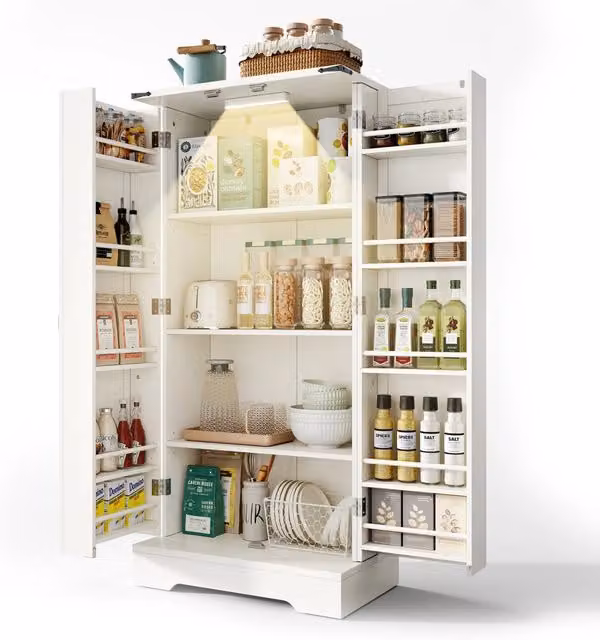 Credenza da cucina alta con 2 ante; ripiani regolabili e LED per cucina in MDF 60×35×128;5 cm Bianco