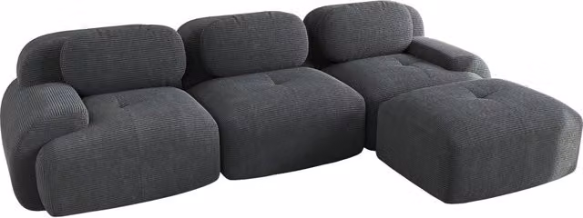 Sofa angolare modulare in tessuto di velluto a coste grigio con schiuma ad alta resilienza 32D, senza telaio, ergonomico e senza montaggio
