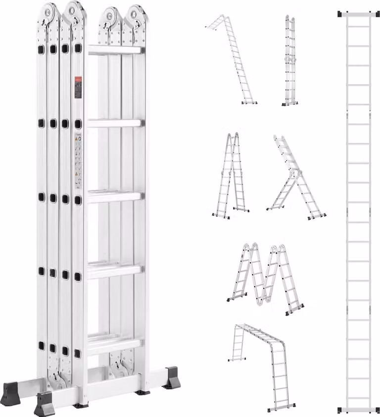 SucceBuy Scala pieghevole 7 in 1, 5 gradini, sbraccio di 6,8 m, in metallo per interni ed esterni