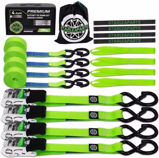 Cinghia a cricchetto StarLeaparts in poliestere verde, resistenza 900 kg, L/P/H: 25 mm x 4 m