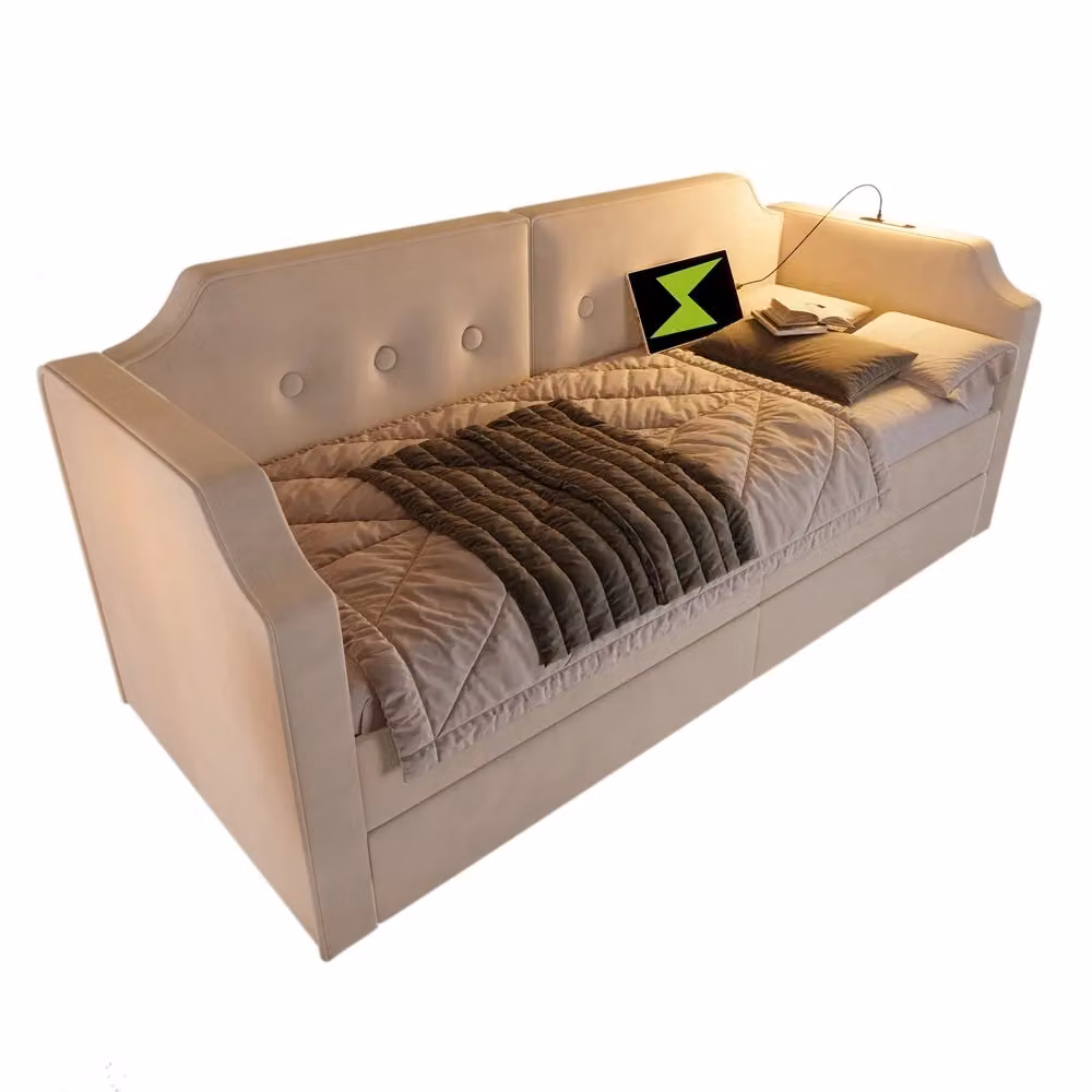 Letto imbottito Minimal beige in velluto con cassetti, rete a doghe in legno, illuminazione LED e porta USB, 90x200 cm – 2