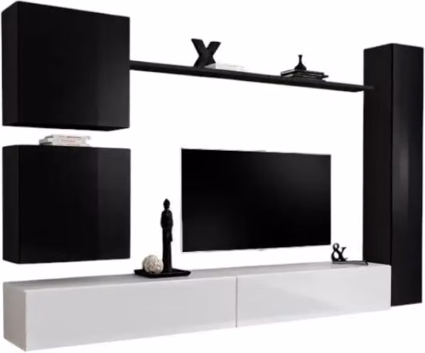 Composizione murale SWITCH VIII – Mobile TV da parete, colonna e cubi sospesi – Bianco e nero lucido – Design moderno