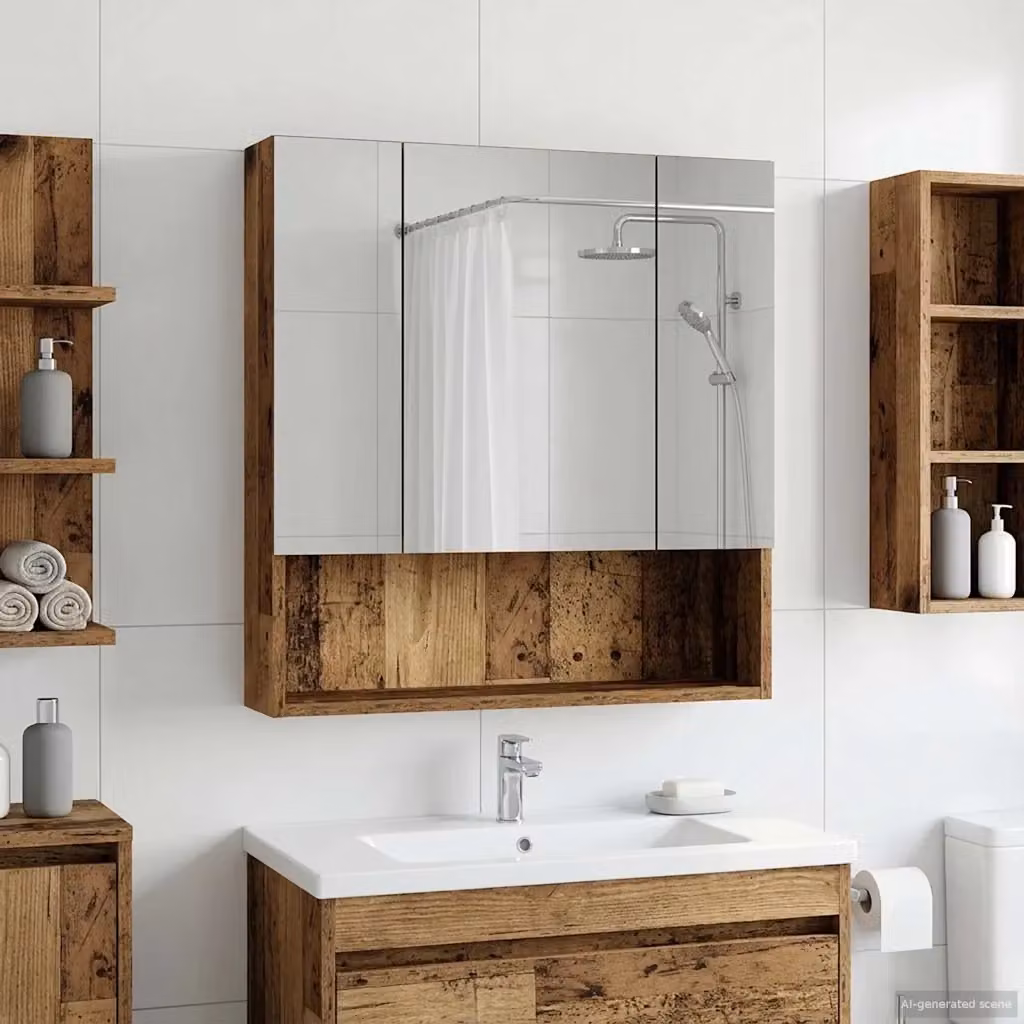 Mobiletto da bagno sospeso in legno marrone con ante in vetro e ripiani interni DESIGN IN L/P/H: 60 x 14.5 x 70 cm – 2
