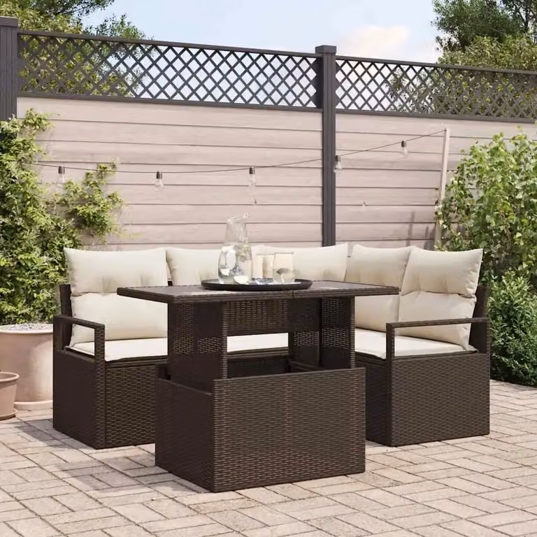 Set Divano da Giardino vidaXL 5 Pezzi con Tavolino, Marrone e Beige, Design Moderno in Polyrattan con Cuscini Inclusi e Struttura in Acciaio Verniciato a Polvere