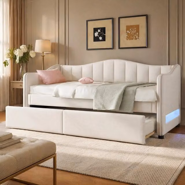 Letto singolo beige con struttura imbottita in tessuto, illuminazione LED sottostante e cassetti, L/P/H: 90 x 200 x 40 cm