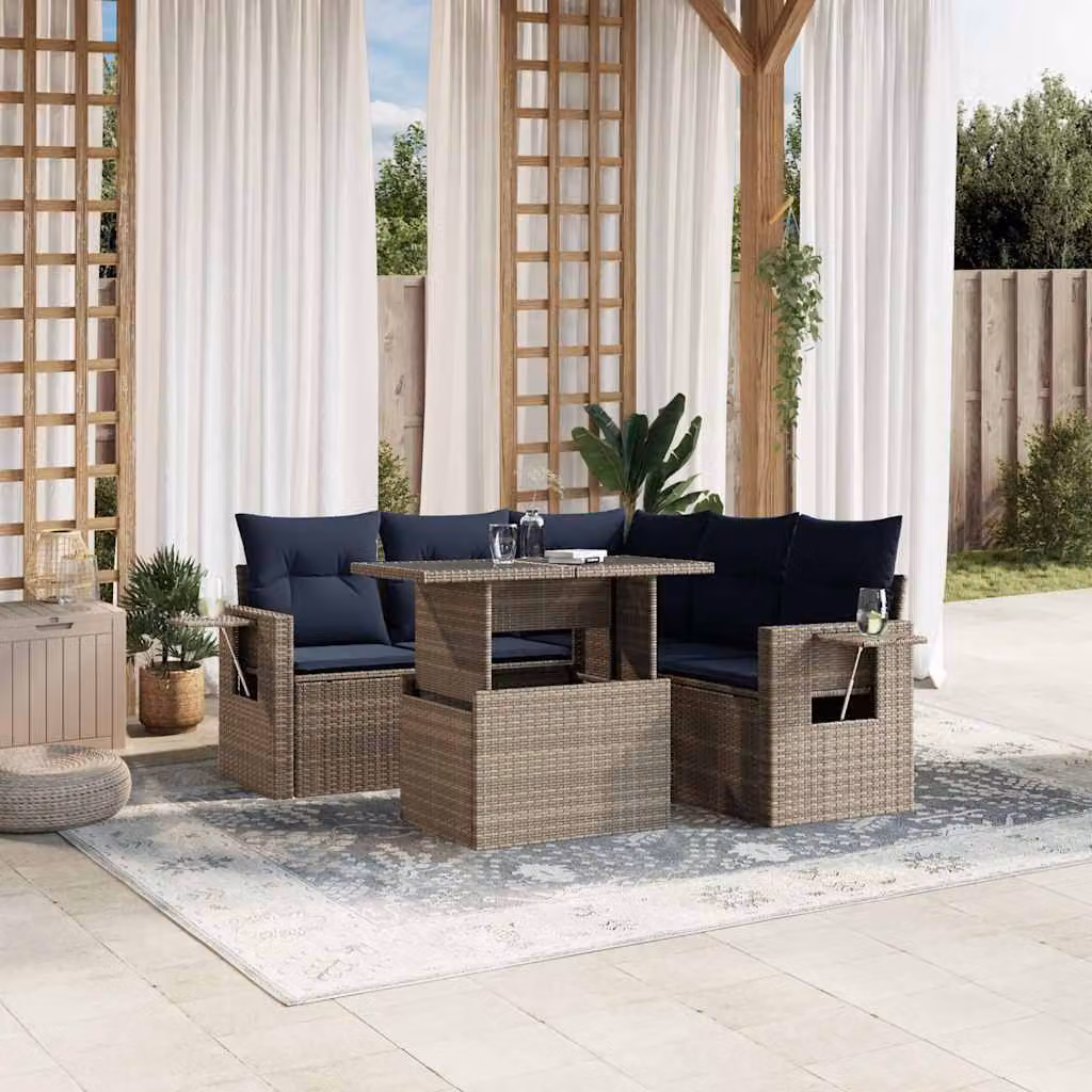 Set da giardino vidaXL in rattan con divani a L, tavolino e cuscini, colore blu e grigio