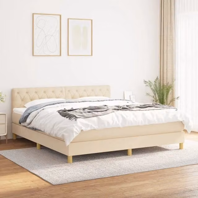 Letto Ibrido vidaXL con Giroletto a Molle e Materasso in Tessuto Beige e Bianco L/P/H: 160 x 200 x 88 cm