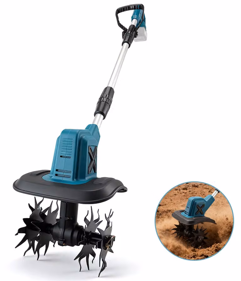 Frantoio elettrico da giardino e tagliaerba – Senza fili, motore brushless da 550W – Attrezzo da giardino portatile – Acciaio inossidabile – Per funzionamento a batteria – Blu