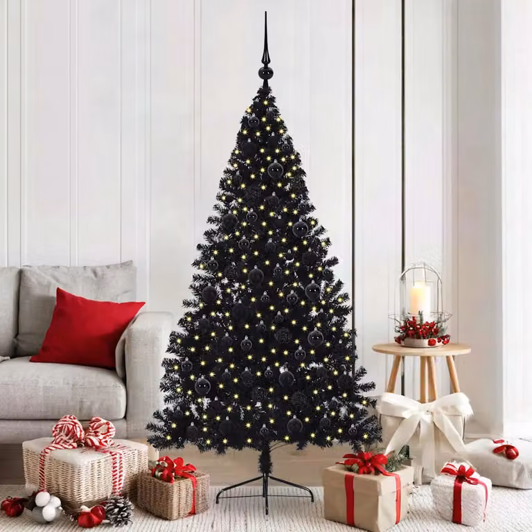 Albero di Natale artificiale moderno vidaXL con luci LED bianco caldo, colore nero, in PVC e metallo, Altezza: 180 cm
