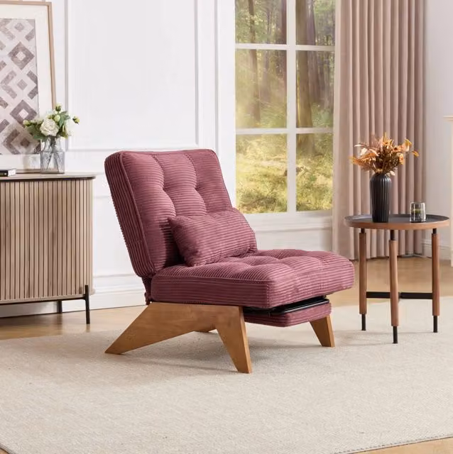 Poltrona lounge reclinabile MODFU in velluto a coste con cuscino lombare e gambe in legno, colore bordeaux, L: 73 cm, P: 127 cm, H: 90 cm