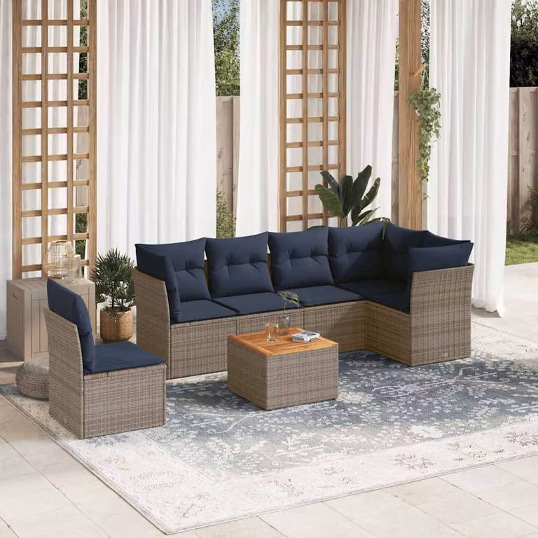 Set di divani da giardino vidaXL in polyrattan da 7 pezzi con cuscini grigi e tavolino, design moderno a forma di L per esterno e terrazza