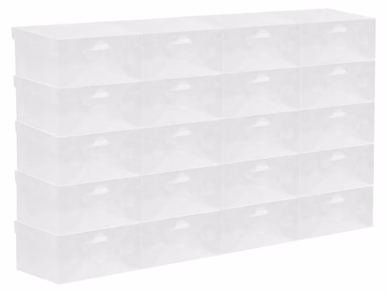 Scatole per scarpe - Set da 20 scatole portaoggetti - Coperchio ribaltabile - Impilabili - Rettangolari - Plastica PP - Salvaspazio - Trasparenti