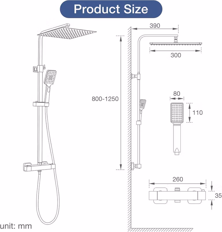 Sistema doccia termostatico - Set di rubinetti doccia quadrati con miscelatore e finitura cromata