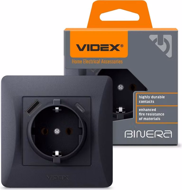 Videx Binera presa schuko singola tipo F nero-grafite USB-A + USB-C