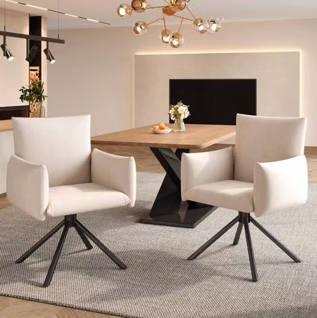 Set 2 sedie da pranzo ULEVR in velluto beige, poltrone imbottite con braccioli, gambe in metallo e rotazione a 360¡ã