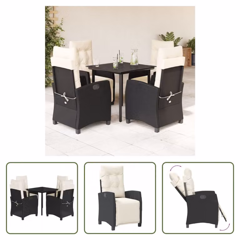 The Living Store Set da pranzo da giardino 5 pezzi con cuscini in poly rattan nero