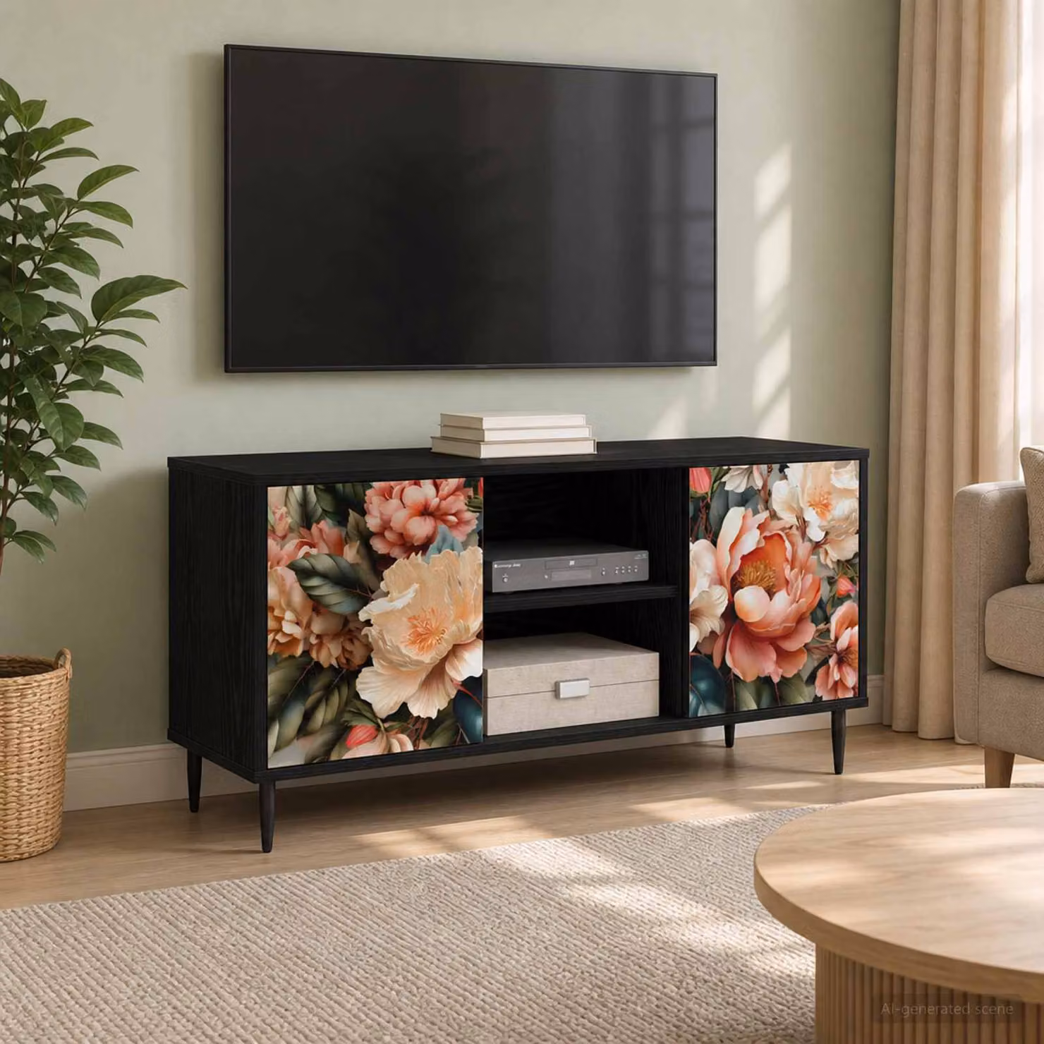 Supporto TV mobile vidaXL Rovere Nero con ruote e scomparti multimediali L 102 cm x P 33 cm x H 51 cm