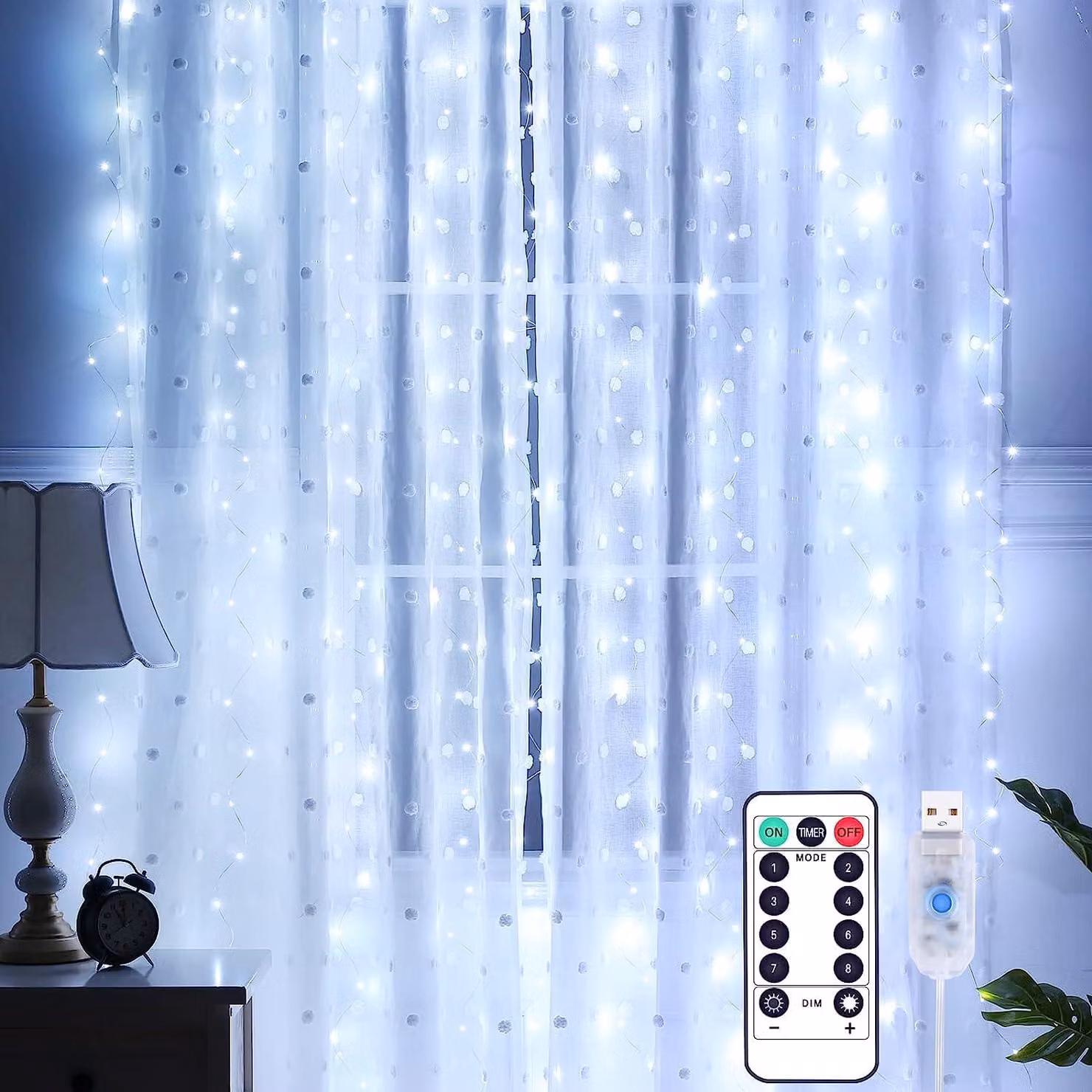 Tenda luminosa a LED, 3x3 metri, 300 LED, luce bianca fredda, grado di protezione IP65, 8 modalità, telecomando