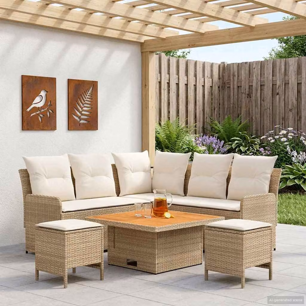 Set di mobili da giardino e soggiorno vidaXL in 6 pezzi in rattan PE beige con struttura in legno di acacia e metallo