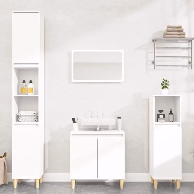 Set di mobili da bagno vidaXL in legno multistrato bianco composto da 3 pezzi con mobile lavabo e colonna alta