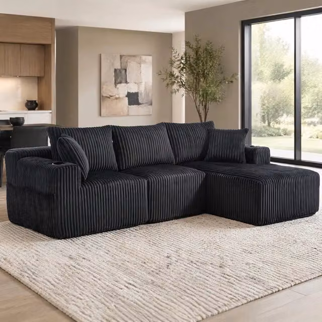 Divano Modulare REDOM a L con Chaise Longue e 2 Posti in Velluto a Costine Grigio L/P/H: 257 x 90-160 x 62 cm