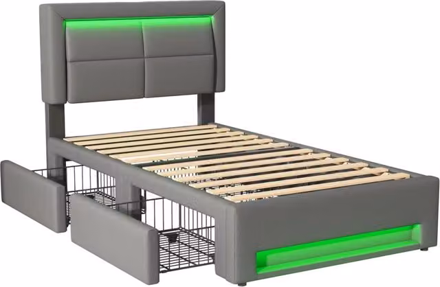 Letto imbottito grigio 90x200 cm con USB, illuminazione LED e 4 cassetti, senza materasso, rivestimento in PU effetto litchi