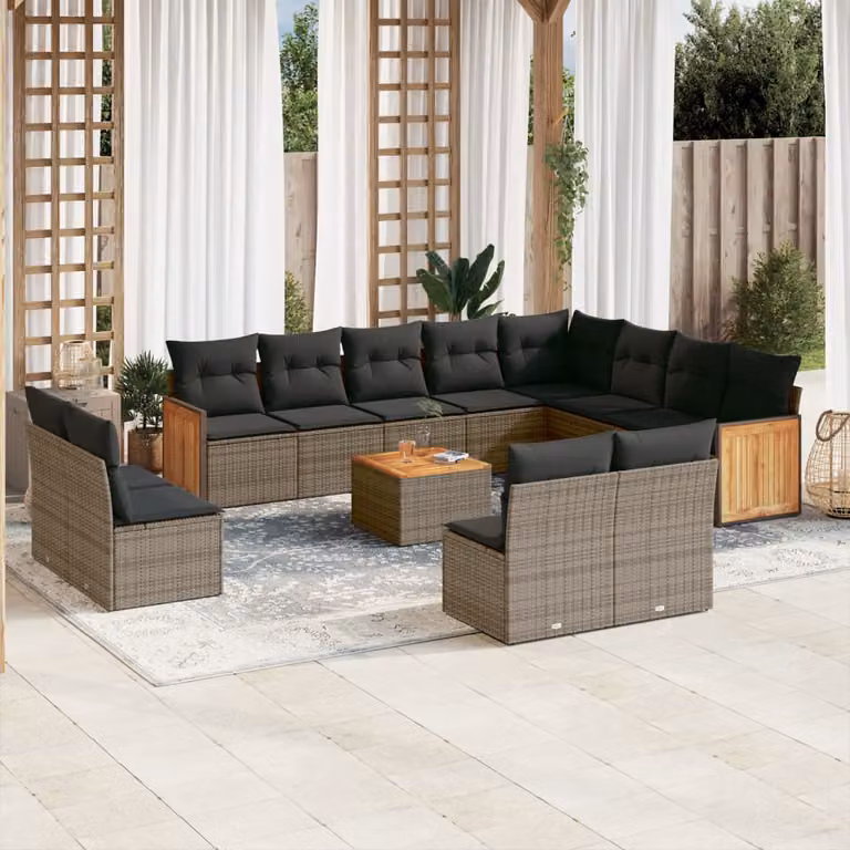 vidaXL Set Divani da Giardino 13 pz a Forma a L in Polyrattan Grigio con Cuscini e Tavolino da Esterno