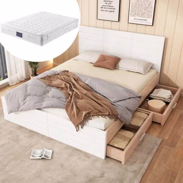 Letto matrimoniale in legno 160×200 cm con 2 cassetti, struttura in rovere e bianco, completo di rete a doghe e materasso