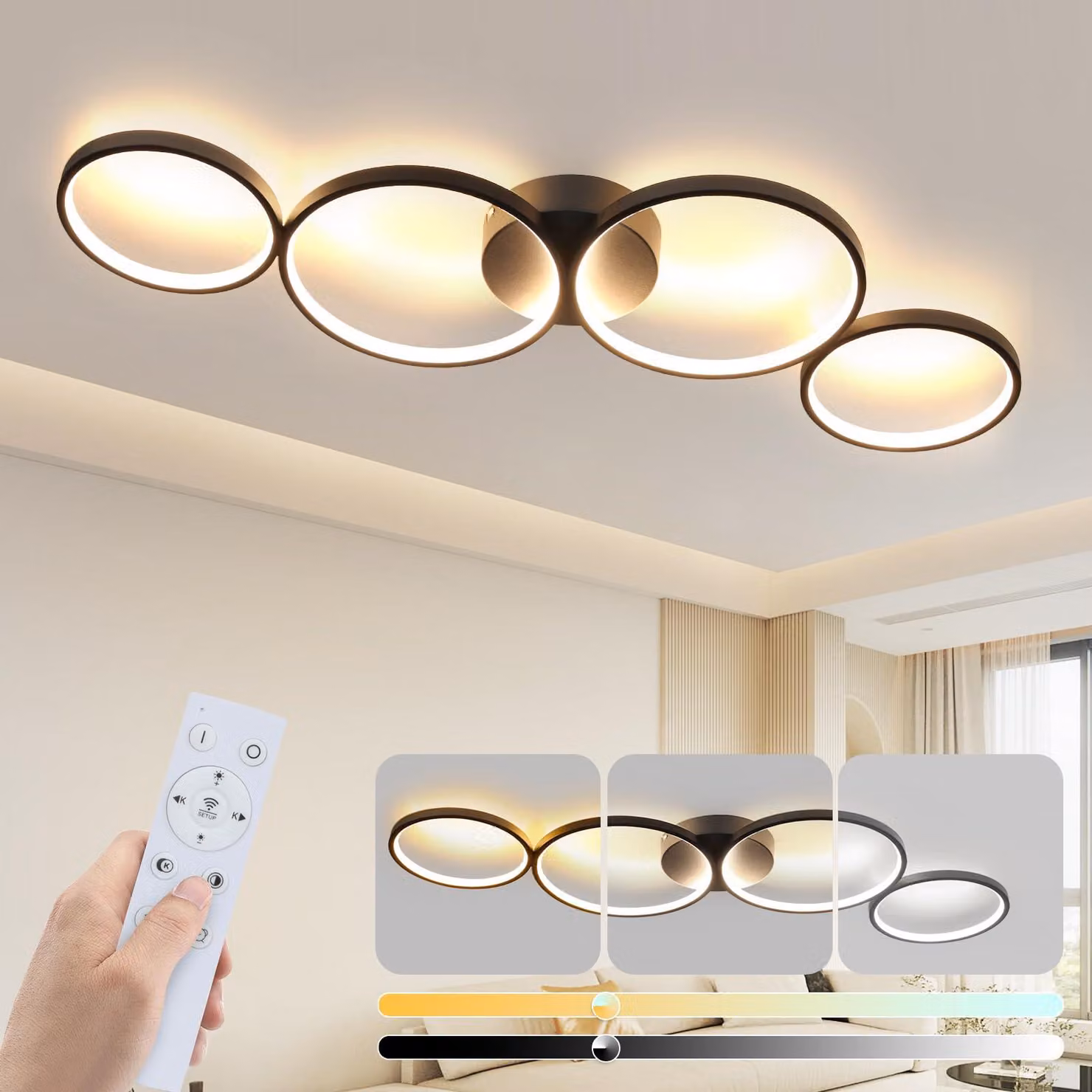 Lampada da soffitto a LED, 55W, dimmerabile, con 4 anelli, colore nero, diametro 88 cm, con telecomando