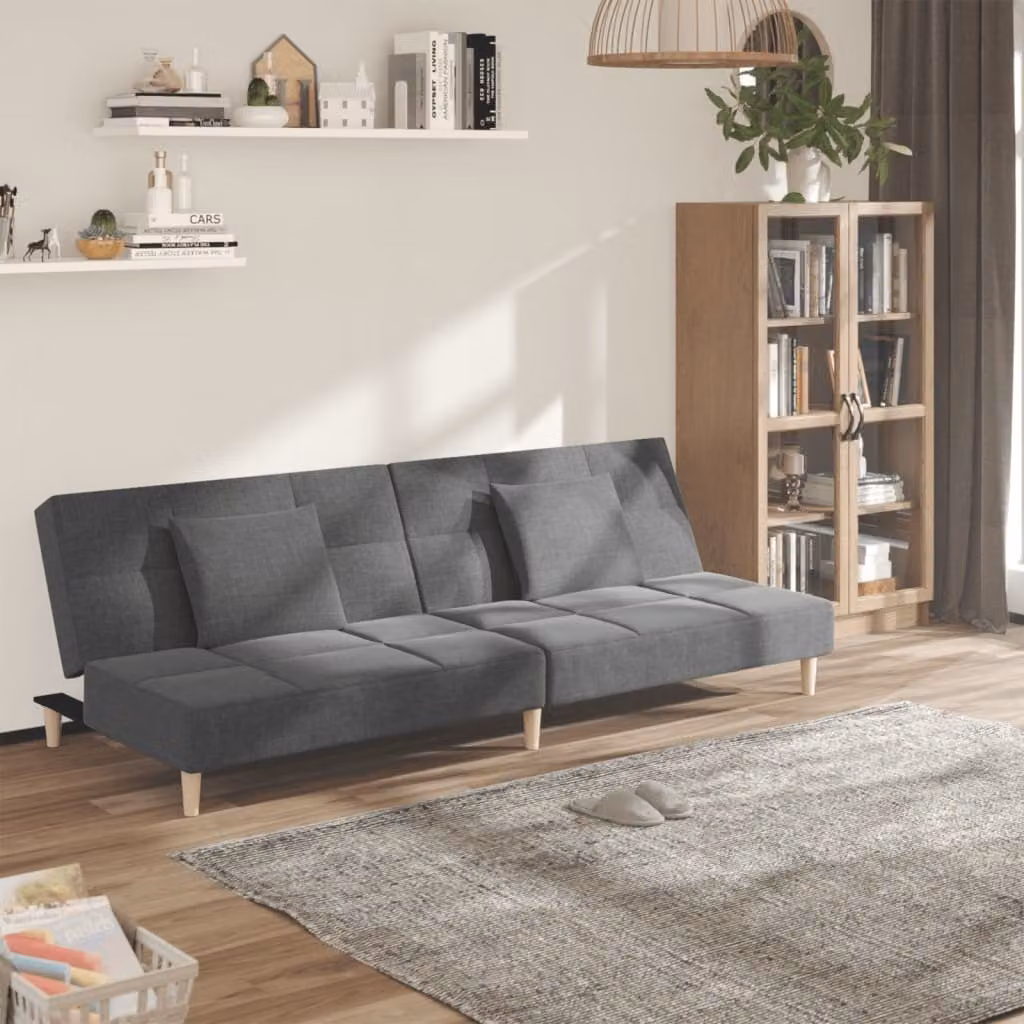 Divano letto 2 posti con 2 cuscini, colore grigio chiaro, rivestito in tessuto
