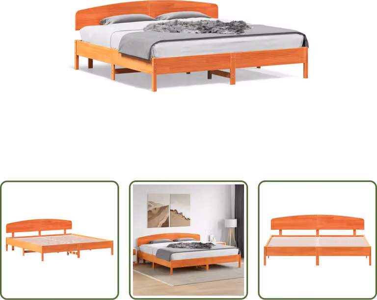 The Living Store Letto in legno massiccio con testiera marrone cera 200x200 cm pino
