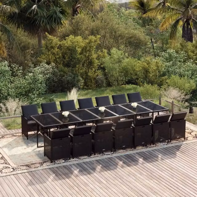 Set Pranzo da Giardino vidaXL 15 pz in Polyrattan Nero con Piano in Vetro – 1