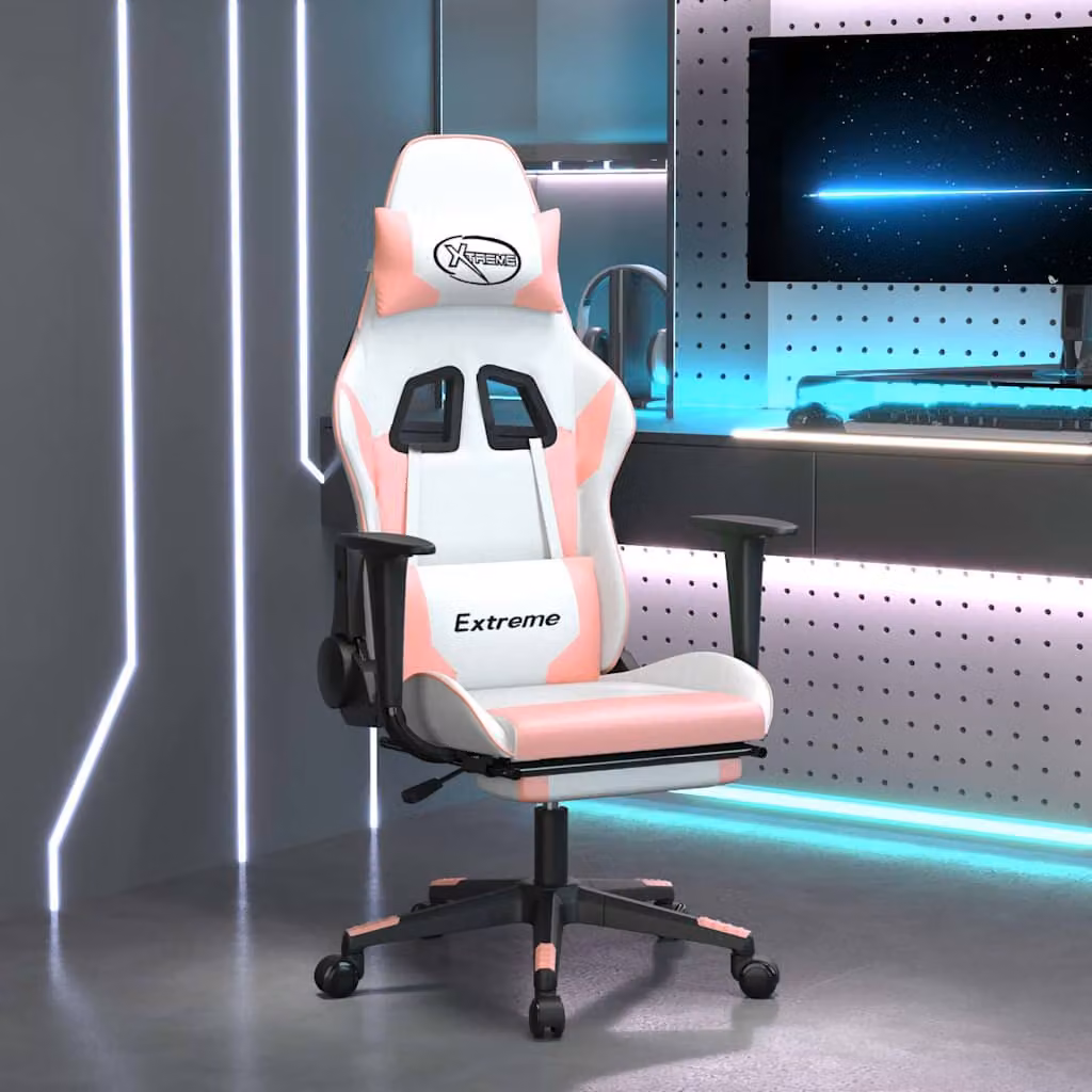 Sedia da Gaming vidaXL con Massaggio e Poggiapiedi, Rivestimento in Similpelle Bianco e Rosa