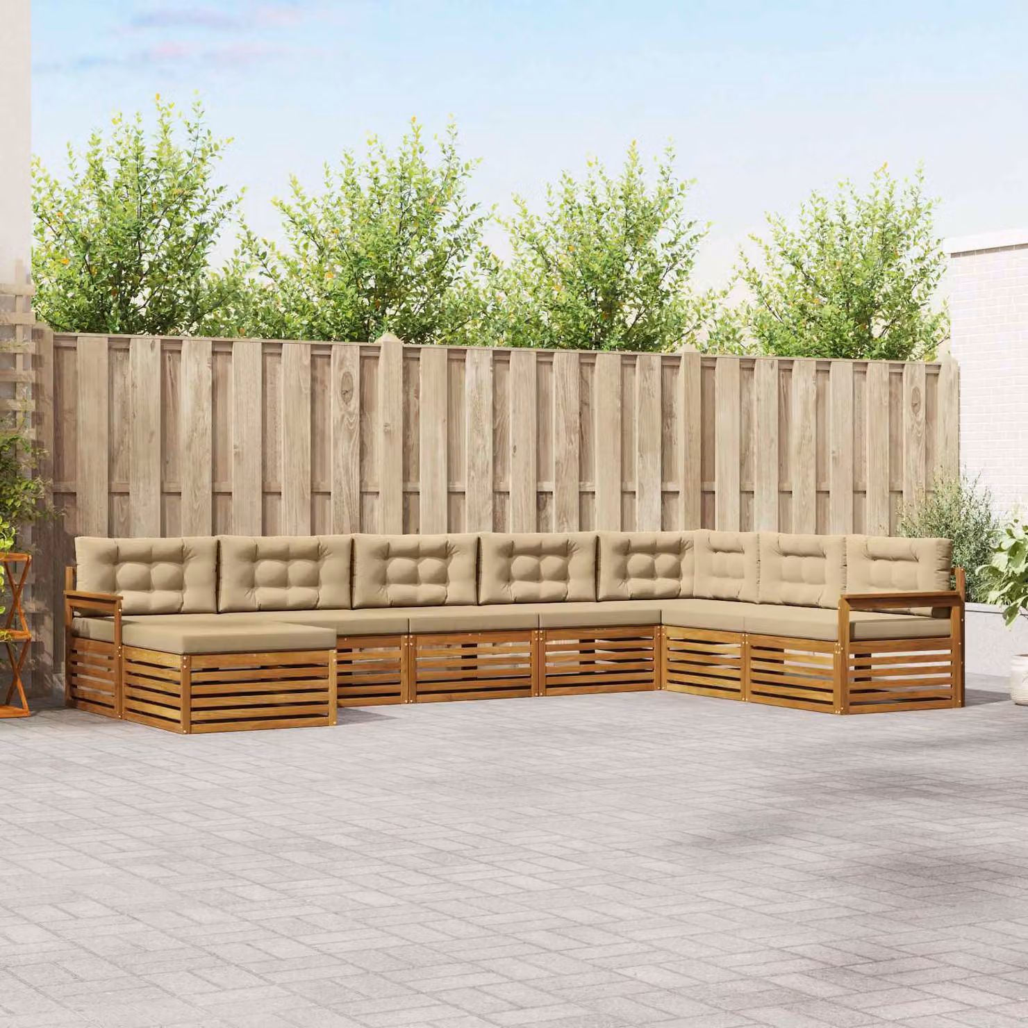 Set di divani da esterno vidaXL a forma di L composto da 8 pezzi in legno di acacia con cuscini beige e marrone