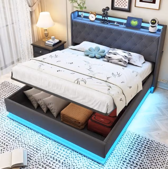 Letto imbottito MODFU con contenitore idraulico, illuminazione LED e porte USB, tessuto effetto lino grigio, L/P: 140 x 200 cm – 1
