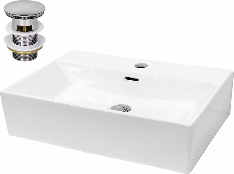 LuxeBath Lavabo Lavabo da appoggio Square, 60,5x36,5x13 cm, bianco, in Vetroceramica, incl. set di scarico con troppopieno