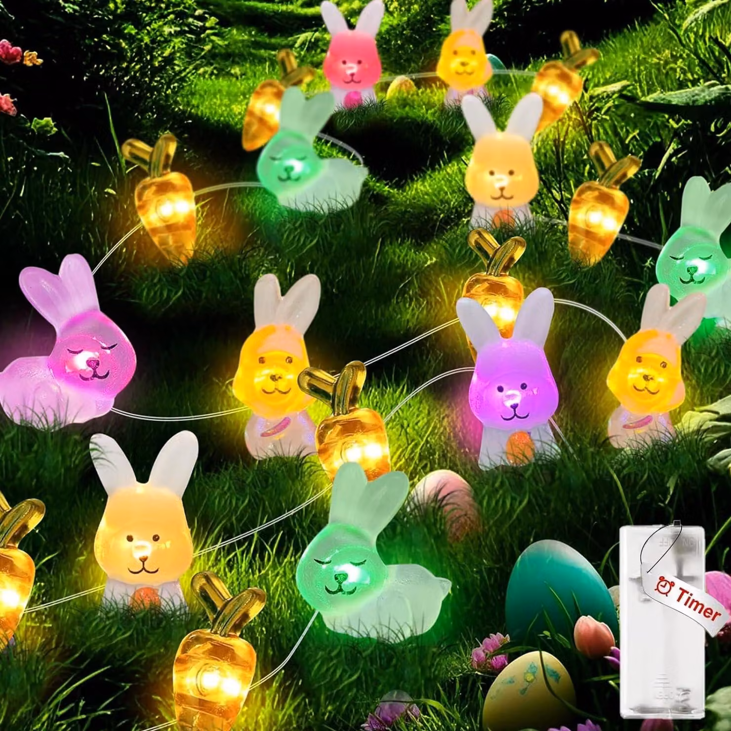 Catena luminosa da 2 metri, con 20 LED, a forma di conigli e carote, luce bianco caldo, con timer, alimentata a batteria