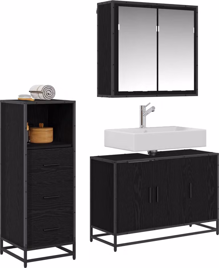 Set di mobili per il bagno 3 pcs Rovere Nero Legno multistrato