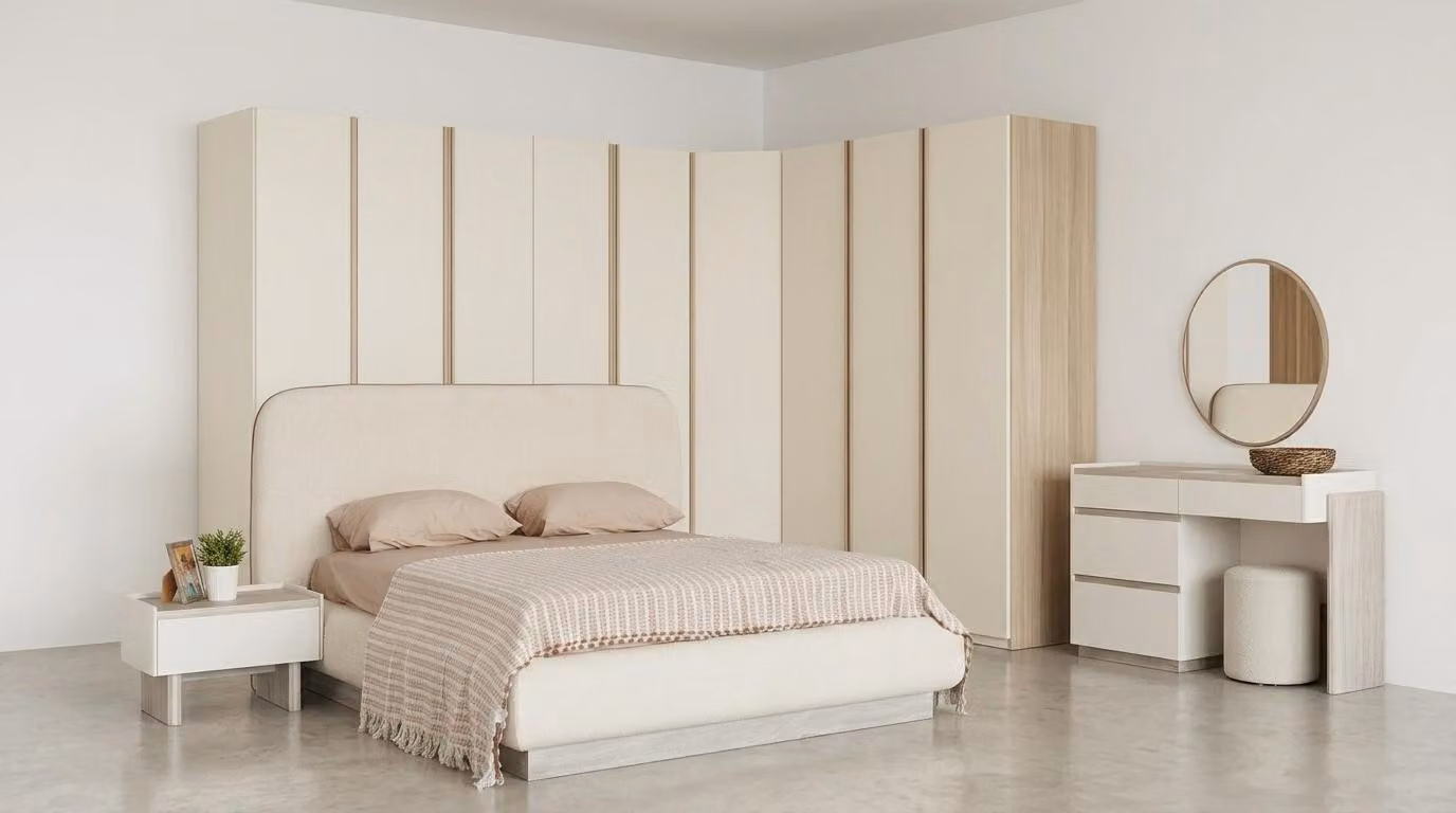 Armadio a specchio per camera da letto, beige, moderno, elegante, tavolino da trucco