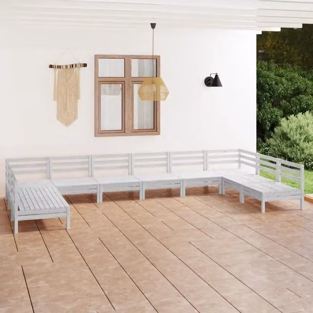 Set Salotto da Giardino 10 pz Bianco in Legno Massello di Pino 3083425