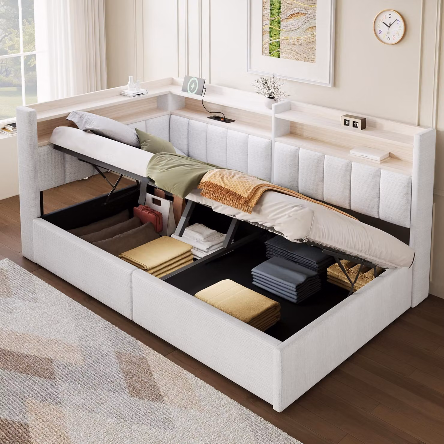 Divano letto Flieks 90x200 cm con USB, divano letto con illuminazione LED, letto a scomparsa idraulico, letto imbottito con poggiatesta, letto contenitore in velluto, color crema