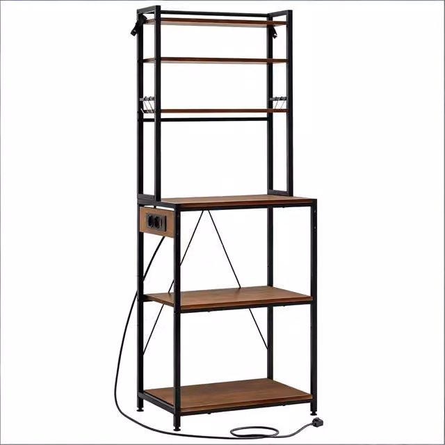 Credenza da cucina alta con 6 ripiani, 6 ganci e 3 prese elettriche per cucina, metallo e truciolare, 60 × 40 × 167 cm