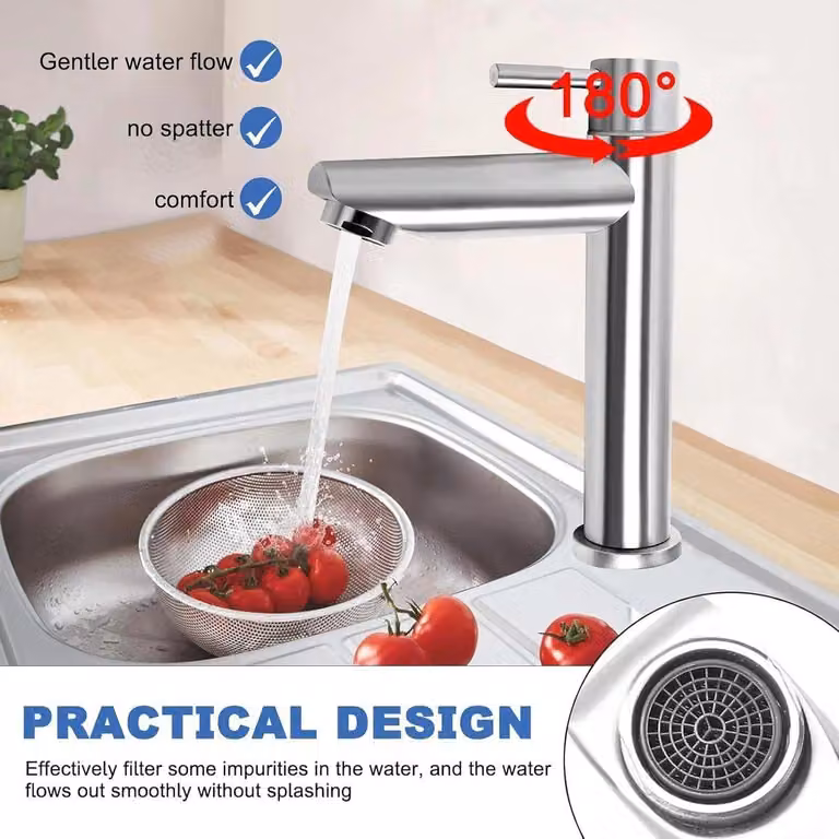 Rubinetto per acqua fredda con tubo di collegamento da 1 metro, ideale per cucina, bagno e toilette per ospiti. Miscelatore monocomando per lavelli e lavabi